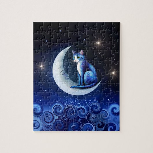 Kat op Halve Maan blauwe Kat 773 Legpuzzel (Verticaal)