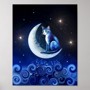Kat op Halve Maan blauwe Kat 773 Poster