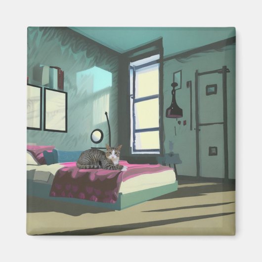 Kat op het bed magneet (Voorkant)