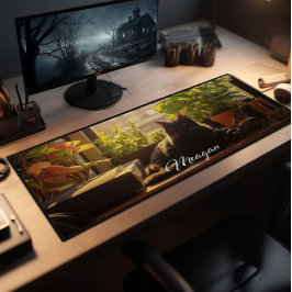 Kat op het bureau gepersonaliseerd bureaumat