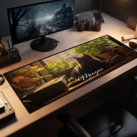 Kat op het bureau gepersonaliseerd bureaumat