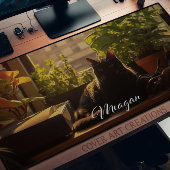 Kat op het bureau gepersonaliseerd bureaumat