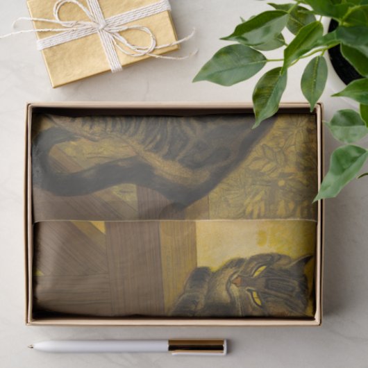 kat op het hek - schilderij tissuepapier (Geschenk)