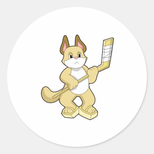 Kat op IJshockey met ijshockeystick Ronde Sticker (Voorkant)