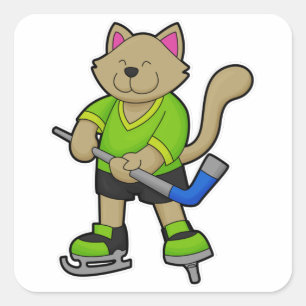 Kat op IJshockey met ijshockeystick Vierkante Sticker