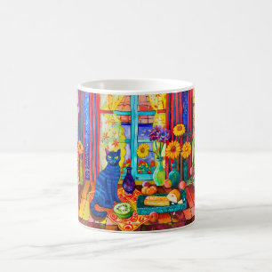 Kat op keukentafel bij raam koffiemok