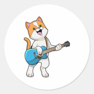Kat op muziek met gitaar ronde sticker