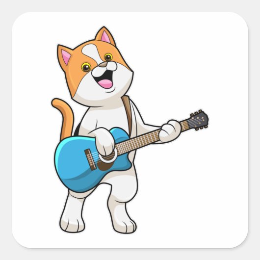 Kat op muziek met gitaar vierkante sticker (Voorkant)
