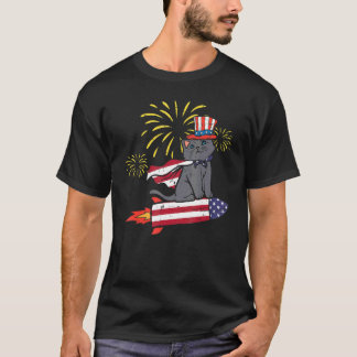 Kat Op Onze Vlag Raket Schattig 4de Juli Patriotti T-shirt
