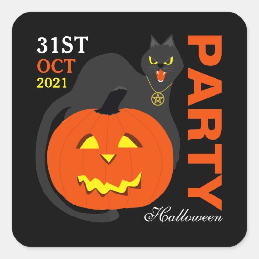 Kat op pompoen, Halloween Party Vierkante Sticker (Voorkant)
