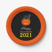 Kat op pompoen, Happy Halloween Papieren Bordje (Voorkant)