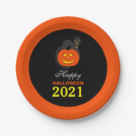 Kat op pompoen, Happy Halloween Papieren Bordje (Voorkant)