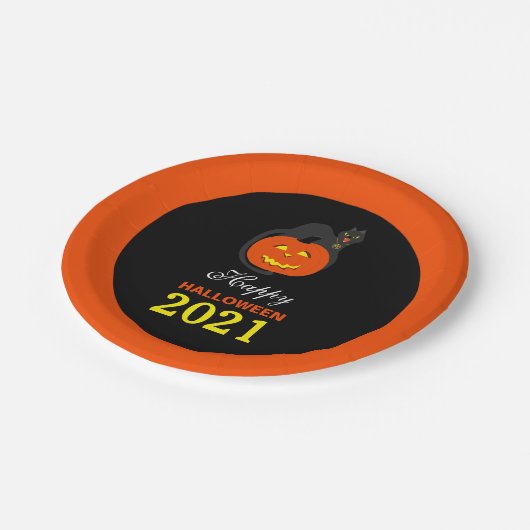 Kat op pompoen, Happy Halloween Papieren Bordje (Gekanteld)