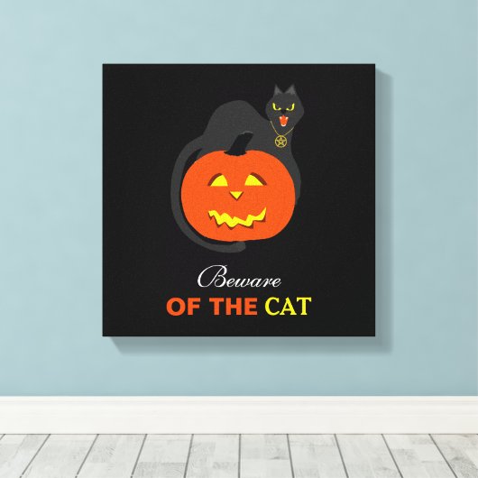 Kat op pompoen, Let op de kat Canvas Afdruk (Insitu (Houten vloer))