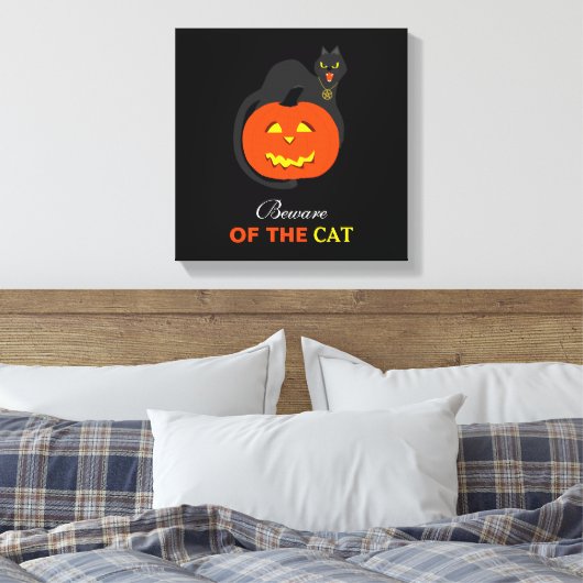 Kat op pompoen, Let op de kat Canvas Afdruk (Insitu (Slaapkamer))