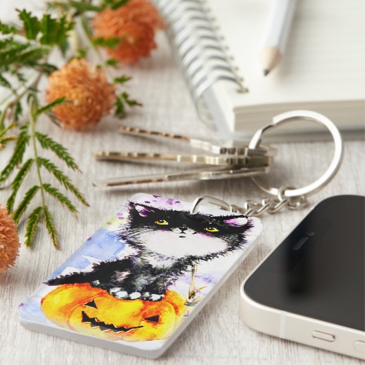 kat op pompoen sleutelhanger (Voorkant Rechts)