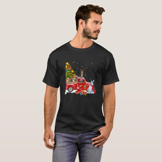 Kat op Red Truck met Kerstmis Pajama Funny-kerstbo T-shirt (Voorkant volledig)