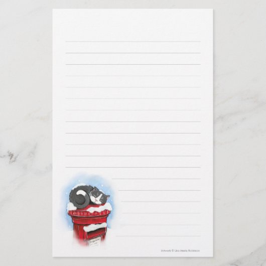 Kat op Snowy English Post Box - Lined Briefpapier (Voorkant)