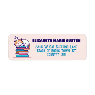 Kat op Stack of Books Cute Literary Return Address Etiket