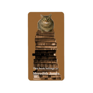 Kat op Stapel van Boeken Boekplaat Etiket