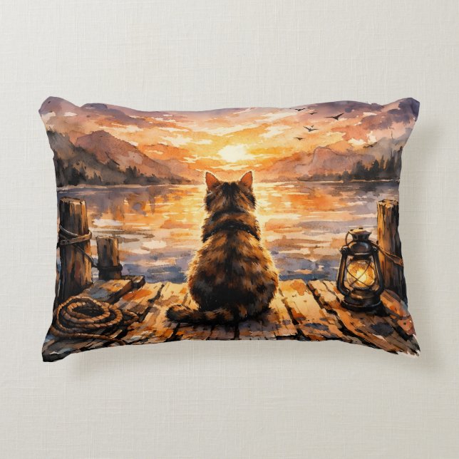 Kat op steiger bij zonsondergang accent kussen (Voorkant)