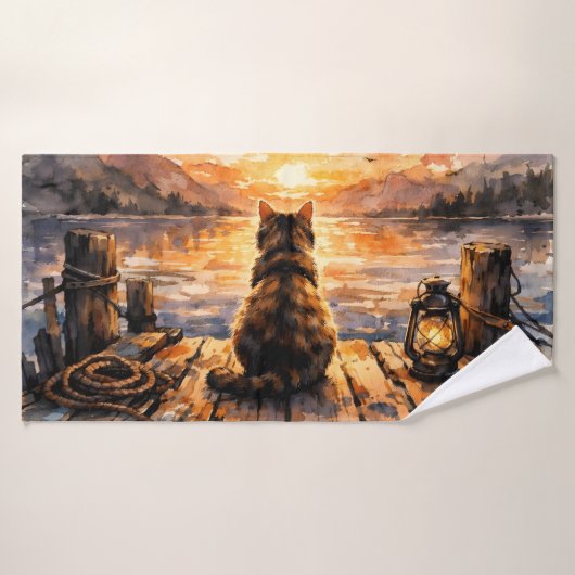 Kat op steiger bij zonsondergang bad handdoek (Badhanddoek)