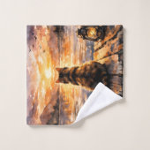 Kat op steiger bij zonsondergang bad handdoek (Wasdoekje)
