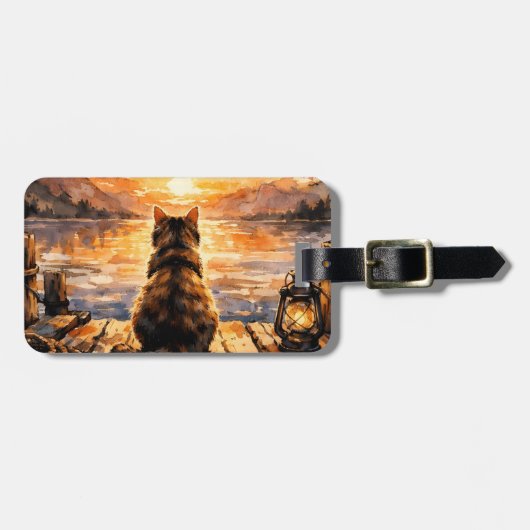Kat op steiger bij zonsondergang bagagelabel (Voorkant horizontaal)