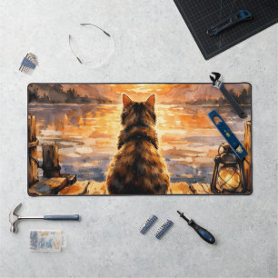 Kat op steiger bij zonsondergang bureaumat