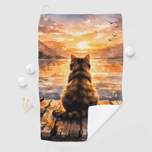 Kat op steiger bij zonsondergang golfhanddoek (Insitu)