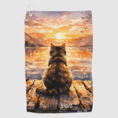 Kat op steiger bij zonsondergang golfhanddoek (Voorkant)