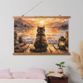 Kat op steiger bij zonsondergang hangend wandkleed (Slaapkamer)
