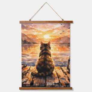 Kat op steiger bij zonsondergang hangend wandkleed