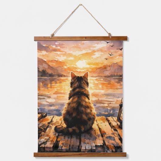 Kat op steiger bij zonsondergang hangend wandkleed (Voorkant)