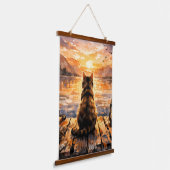Kat op steiger bij zonsondergang hangend wandkleed (Gebogen)