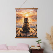 Kat op steiger bij zonsondergang hangend wandkleed (Slaapkamer)