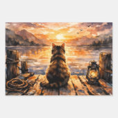Kat op steiger bij zonsondergang inpakpapier vel (Voorkant 3)