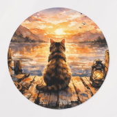Kat op steiger bij zonsondergang labels (Design 1)