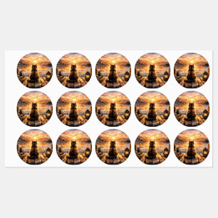 Kat op steiger bij zonsondergang labels