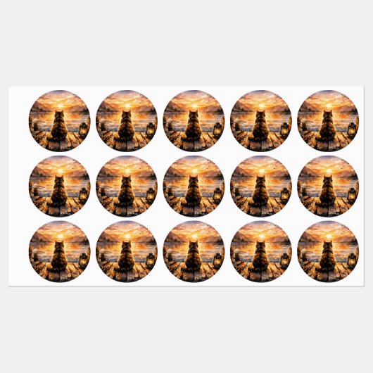 Kat op steiger bij zonsondergang labels (Vel)