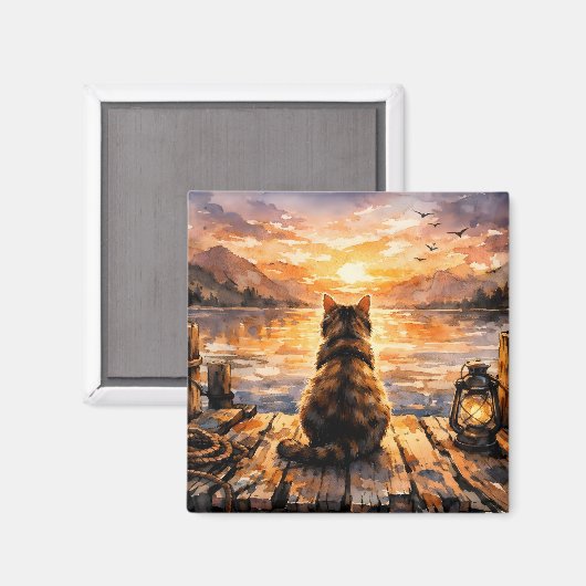 Kat op steiger bij zonsondergang magneet (Voorkant / Achterkant)