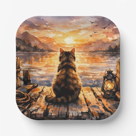 Kat op steiger bij zonsondergang papieren bordje (Voorkant)