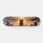 Kat op steiger bij zonsondergang persoonlijk skateboard (Horizontaal)