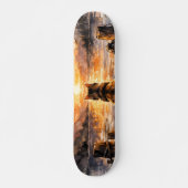 Kat op steiger bij zonsondergang persoonlijk skateboard (Voorkant)