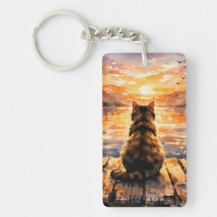 Kat op steiger bij zonsondergang sleutelhanger