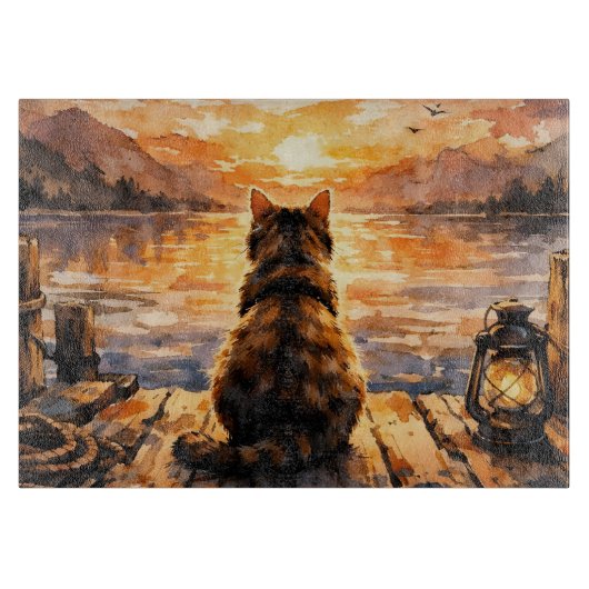 Kat op steiger bij zonsondergang snijplank (Voorkant)