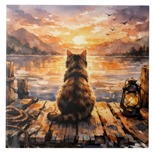 Kat op steiger bij zonsondergang tegeltje (Voorkant)