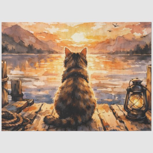Kat op steiger bij zonsondergang tissuepapier (Voorkant)