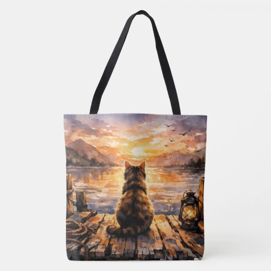 Kat op steiger bij zonsondergang tote bag (Voorkant)