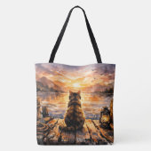 Kat op steiger bij zonsondergang tote bag (Achterkant)